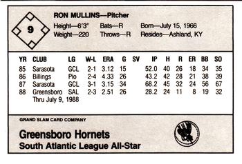 1988 Grand Slam South Atlantic League All-Stars #9 Ron Mullins Back