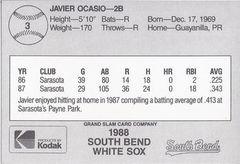 1988 Grand Slam South Bend White Sox #3 Javier Ocasio Back