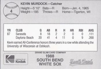 1988 Grand Slam South Bend White Sox #4 Kevin Murdock Back