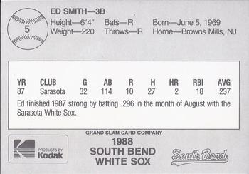 1988 Grand Slam South Bend White Sox #5 Ed Smith Back