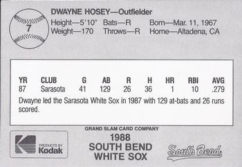 1988 Grand Slam South Bend White Sox #7 Dwayne Hosey Back