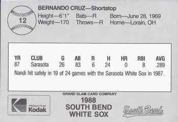1988 Grand Slam South Bend White Sox #12 Bernardo Cruz Back