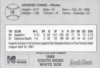 1988 Grand Slam South Bend White Sox #18 Argenis Conde Back
