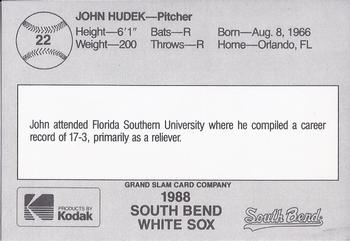 1988 Grand Slam South Bend White Sox #22 John Hudek Back