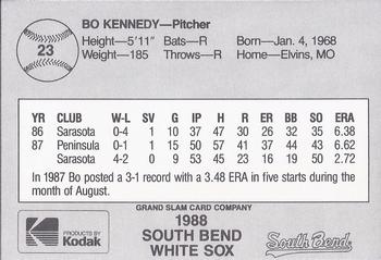 1988 Grand Slam South Bend White Sox #23 Bo Kennedy Back