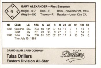 1988 Grand Slam Texas League All-Stars #4 Gary Alexander Back