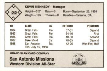 1988 Grand Slam Texas League All-Stars #22 Kevin Kennedy Back