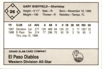 1988 Grand Slam Texas League All-Stars #26 Gary Sheffield Back