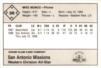 1988 Grand Slam Texas League All-Stars #30 Mike Munoz Back