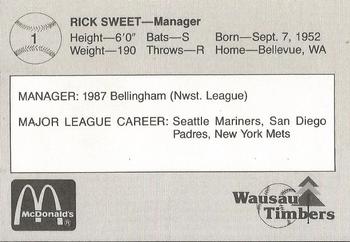 1988 Grand Slam Wausau Timbers #1 Rick Sweet Back