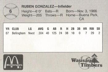 1988 Grand Slam Wausau Timbers #6 Ruben Gonzalez Back