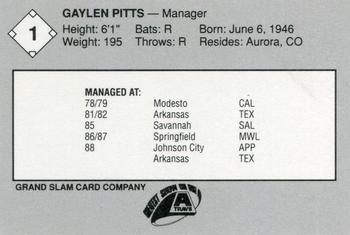 1989 Grand Slam Arkansas Travelers #1 Gaylen Pitts Back