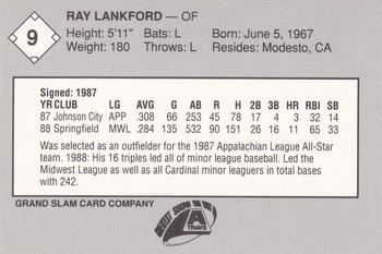1989 Grand Slam Arkansas Travelers #9 Ray Lankford Back