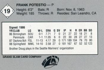 1989 Grand Slam Arkansas Travelers #19 Frank Potestio Back