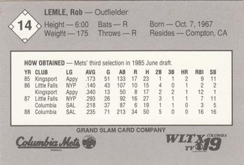 1989 Grand Slam Columbia Mets #14 Rob Lemle Back