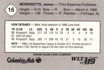 1989 Grand Slam Columbia Mets #16 James Morrisette Back