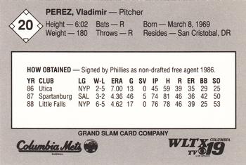 1989 Grand Slam Columbia Mets #20 Vladimir Perez Back