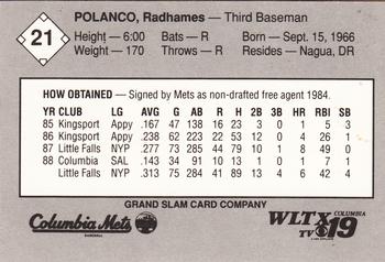 1989 Grand Slam Columbia Mets #21 Radhames Polanco Back