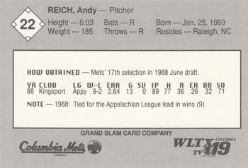 1989 Grand Slam Columbia Mets #22 Andy Reich Back