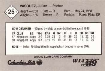 1989 Grand Slam Columbia Mets #25 Julian Vasquez Back