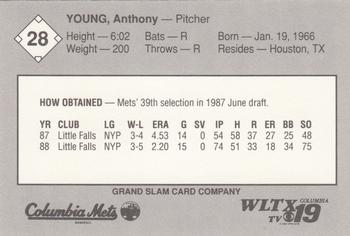 1989 Grand Slam Columbia Mets #28 Anthony Young Back