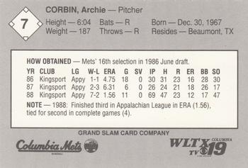 1989 Grand Slam Columbia Mets #7 Archie Corbin Back