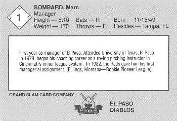 1989 Grand Slam El Paso Diablos #1 Marc Bombard Back