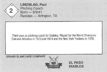 1989 Grand Slam El Paso Diablos #2 Paul Lindblad Back