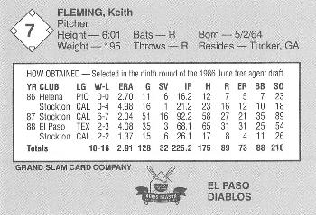 1989 Grand Slam El Paso Diablos #7 Keith Fleming Back