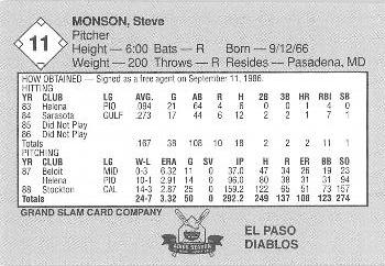 1989 Grand Slam El Paso Diablos #11 Steve Monson Back