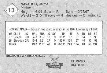 1989 Grand Slam El Paso Diablos #13 Jaime Navarro Back