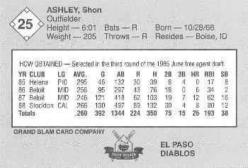 1989 Grand Slam El Paso Diablos #25 Shon Ashley Back