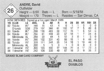 1989 Grand Slam El Paso Diablos #26 Andre David Back