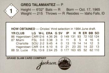 1989 Grand Slam Jackson Mets #1 Greg Talamantez Back