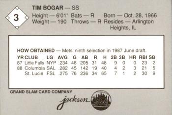 1989 Grand Slam Jackson Mets #3 Tim Bogar Back