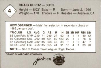1989 Grand Slam Jackson Mets #4 Craig Repoz Back