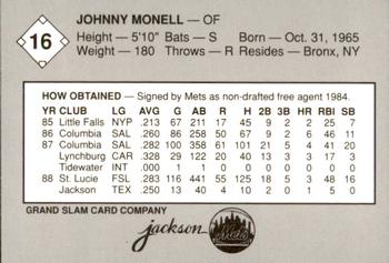1989 Grand Slam Jackson Mets #16 Johnny Monell Back