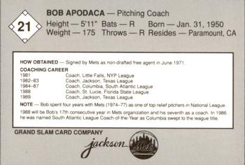 1989 Grand Slam Jackson Mets #21 Bob Apodaca Back