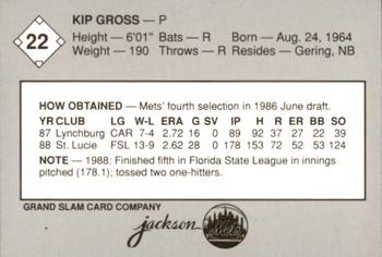 1989 Grand Slam Jackson Mets #22 Kip Gross Back