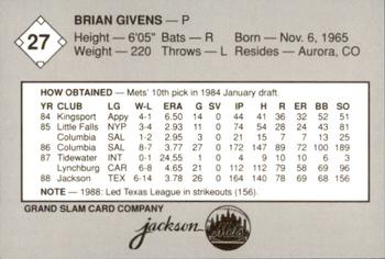 1989 Grand Slam Jackson Mets #27 Brian Givens Back