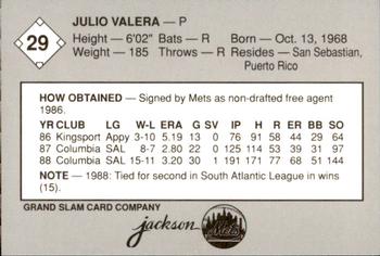 1989 Grand Slam Jackson Mets #29 Julio Valera Back