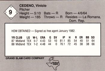 1989 Grand Slam Midland Angels #9 Vinicio Cedeno Back