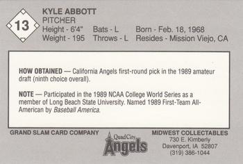 1989 Grand Slam Quad City Angels #13 Kyle Abbott Back