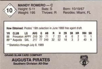 1989 Grand Slam South Atlantic League All-Stars #10 Mandy Romero Back