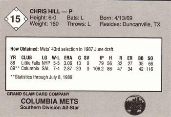 1989 Grand Slam South Atlantic League All-Stars #15 Chris Hill Back