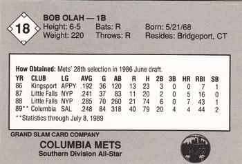 1989 Grand Slam South Atlantic League All-Stars #18 Bob Olah Back