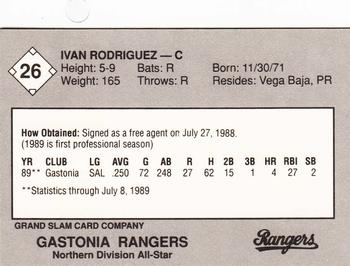 1989 Grand Slam South Atlantic League All-Stars #26 Ivan Rodriguez Back