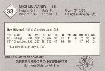 1989 Grand Slam South Atlantic League All-Stars #33 Mike Mulvaney Back