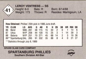 1989 Grand Slam South Atlantic League All-Stars #41 Leroy Ventress Back