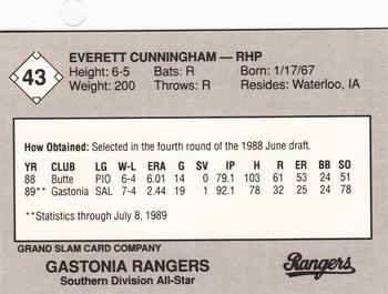 1989 Grand Slam South Atlantic League All-Stars #43 Everett Cunningham Back
